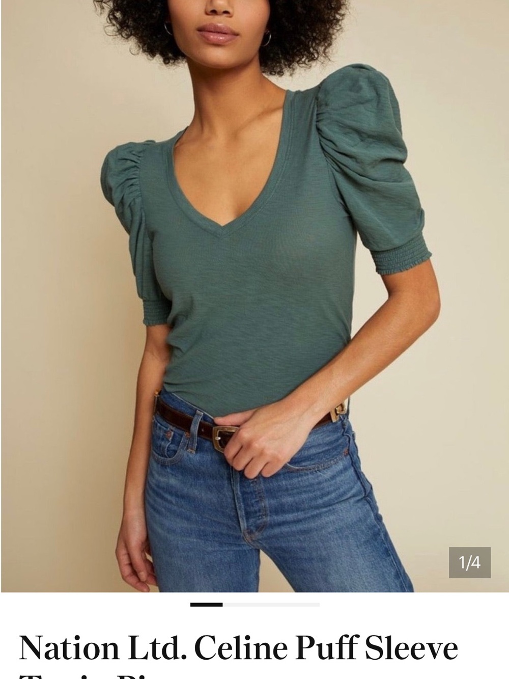Nation Los Angeles LTD Celine Puff Sleeve V-Neck Top Teal and white l